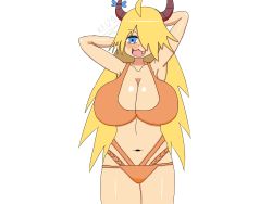 Rule 34 | 1girl, absurdres, ahoge, armpits, arms behind head, blonde hair, blue eyes, blush, bow, bowtie, breasts, demon girl, happy, highres, horns, huge breasts, keizo, long hair, looking at viewer, navel, original, shiny skin, standing, swimsuit, tongue