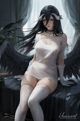 Rule 34 | 1girl, albedo (overlord), artist name, backlighting, bare shoulders, black choker, black hair, black wings, blanket, breasts, brown eyes, choker, closed mouth, collarbone, curtains, elbow gloves, feathered wings, feet out of frame, garter straps, gloves, hair between eyes, horns, indoors, large breasts, lips, long hair, looking at viewer, low wings, no pants, off shoulder, on bed, overlord (maruyama), panties, pantyshot, plant, potted plant, shirt, short sleeves, sitting, skindentation, solo, thighhighs, underwear, unravel page, very long hair, white gloves, white panties, white shirt, white thighhighs, wings