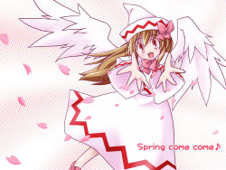 Rule 34 | 1girl, blush, bow, brown hair, cherry blossoms, dress, female focus, hair bow, hat, lily white, long sleeves, looking at viewer, outstretched arms, petals, pink bow, red eyes, shaomin, solo, tate eboshi, touhou, white dress, white wings, wings
