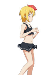 Rule 34 | 1girl, bare arms, bare legs, bare shoulders, black skirt, black tank top, blonde hair, blush, cato (monocatienus), commentary request, crop top, feet out of frame, hair ribbon, looking at viewer, midriff, miniskirt, navel, own hands together, parted lips, red eyes, red ribbon, ribbon, rumia, short hair, sidelocks, simple background, skirt, skirt set, smile, solo, standing, stomach, tank top, thighs, touhou, white background