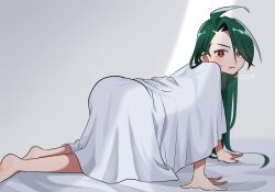 Rule 34 | 1girl, ahoge, all fours, barefoot, blanket, blurry, commentary request, creatures (company), from side, game freak, genjitsu o miro, green hair, hair between eyes, hair down, highres, long hair, looking at viewer, looking to the side, nintendo, parted lips, pokemon, pokemon sv, rika (pokemon), solo, sweatdrop