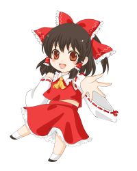 Rule 34 | 1girl, ascot, bow, brown eyes, brown hair, chibi, detached sleeves, female focus, hair bow, hair tubes, hakurei reimu, hand on own shoulder, highres, japanese clothes, kutsuna ayumu, leg up, looking at viewer, miko, open hand, open mouth, outstretched arm, petticoat, reaching, sarashi, short hair, simple background, skirt, smile, solo, tongue, touhou, vest, white background, wide sleeves