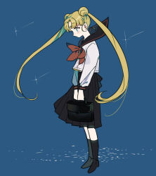 Rule 34 | 1girl, bishoujo senshi sailor moon, black footwear, black sailor collar, black skirt, blonde hair, blue background, bow, bowtie, briefcase, double bun, expressionless, floating clothes, from side, full body, hair bun, holding, holding briefcase, long hair, pleated skirt, red bow, red bowtie, sailor collar, sailor moon, school briefcase, school uniform, shamko, shirt, simple background, skirt, solo, sparkle, standing, tsukino usagi, twintails, white shirt
