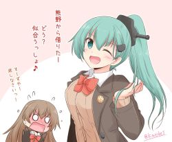 Rule 34 | 2girls, alternate hairstyle, aqua eyes, aqua hair, ascot, brown hair, brown jacket, green eyes, hair ornament, hairclip, hairstyle switch, jacket, kantai collection, kumano (kancolle), long hair, looking at viewer, multiple girls, o o, one eye closed, pink background, ponytail, remodel (kantai collection), school uniform, shizuna kaede, suzuya (kancolle), translation request, two-tone background, upper body