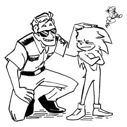 Rule 34 | 2boys, :|, annoyed, closed mouth, full body, greyscale, hailey lain, headpat, hedgehog, highres, monochrome, multiple boys, police, police uniform, simple background, sketch, smile, sonic (live action), sonic (series), sonic the hedgehog, sonic the hedgehog (film), standing, tom wachowski, uniform, white background