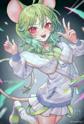 Rule 34 | 1girl, ahoge, animal ears, artist logo, blue nails, blush, bright pupils, codie (vtuber), collarbone, commission, fangs, fingernails, green footwear, green hair, green hoodie, hair ornament, heart, heart necklace, highres, hood, hood down, hoodie, indie virtual youtuber, jacket, jewelry, mouse ears, mouse girl, necklace, open mouth, pink eyes, pleated skirt, sharp fingernails, skeb commission, skirt, socks, solo, star (symbol), star hair ornament, star print, twitter username, virtual youtuber, vixylseijin, white jacket, white pupils, white skirt, white socks