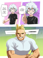 Rule 34 | 2boys, absurdres, aged down, all might, alternate costume, black sclera, black shirt, blonde hair, boku no hero academia, colored sclera, english text, grey hair, hair between eyes, hand up, highres, holding, holding pen, medium hair, multiple boys, muscular, muscular male, open mouth, pen, pink background, red eyes, shigaraki tomura, shirt, short hair, speech bubble, sweat, teeth, trembling, trevo (trevoshere), triangle mouth