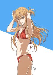 Rule 34 | 1girl, armpits, arms up, asuna (sao), bikini, blue background, breasts, brown eyes, brown hair, commentary request, cowboy shot, half updo, halterneck, hands on own head, highres, long hair, looking at viewer, red bikini, small breasts, solo, standing, string bikini, swimsuit, sword art online, tokuoka kouhei, two-tone background, white background