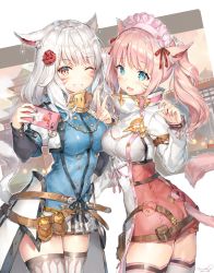Rule 34 | 2girls, animal ears, artist name, belt, belt skirt, blue eyes, blue nails, breasts, cellphone, coat, cowboy shot, dated, facial mark, final fantasy, final fantasy xiv, flower, from side, gold trim, grin, hair flower, hair ornament, hand up, hands up, headdress, highres, holding, holding phone, long hair, long sleeves, looking at viewer, medium breasts, miqo&#039;te, momoko (momopoco), multiple girls, nail polish, one eye closed, phone, pink hair, red eyes, red flower, red nails, selfie, sidelocks, signature, silver hair, slit pupils, smartphone, smile, tail, teeth, thighhighs, thighs, v, warrior of light (ff14), whisker markings, white coat, white legwear, zettai ryouiki