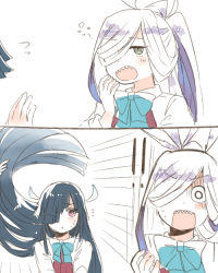 Rule 34 | !, !!, 10s, 2koma, 3girls, ahoge, asashimo (kancolle), black hair, blush stickers, bow, bowtie, comic, dress, hair lift, hair over one eye, hair ribbon, half-closed eye, hayashimo (kancolle), itomugi-kun, kantai collection, long hair, long sleeves, multicolored hair, multiple girls, open mouth, out of frame, ponytail, purple hair, ribbon, school uniform, sharp teeth, shirt, silver hair, simple background, sleepy, sleeveless, sleeveless dress, surprised, teeth, uneven eyes, uzuki (kancolle), v arms, very long hair, white background, white shirt, yawning