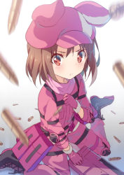 Rule 34 | 1girl, :t, animal hat, black footwear, blush, boots, brown eyes, brown hair, bullet, bullpup, closed mouth, craytm, cross-laced footwear, fur-trimmed gloves, fur trim, gloves, gun, hair between eyes, hand up, hat, jacket, lace-up boots, llenn (sao), long sleeves, looking at viewer, motion blur, p-chan (p90), pants, pink gloves, pink hat, pink jacket, pink pants, pout, sitting, solo, sword art online, sword art online alternative: gun gale online, v-shaped eyebrows, wariza, weapon, white background