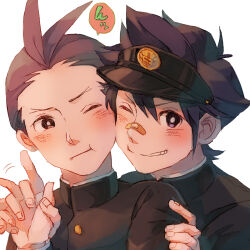 Rule 34 | &gt;:), 2boys, :t, ace attorney, apollo justice, bandaid, bandaid on face, bandaid on nose, black hair, black headwear, black jacket, blue eyes, blush, brown eyes, brown hair, buttons, clay terran, collared jacket, fingernails, forked eyebrows, gakuran, grin, hair between eyes, hand on another&#039;s arm, hand up, highres, holding hands, jacket, long sleeves, looking at another, looking at viewer, male focus, multiple boys, one eye closed, school uniform, short hair, simple background, smile, speech bubble, v-shaped eyebrows, visor cap, waroring255, white background, wince