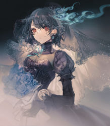 Rule 34 | 1girl, absurdres, alice (sinoalice), black dress, black gloves, bouquet, choker, closed mouth, corset, dress, earrings, expressionless, facepaint, flower, gloves, gothic lolita, highres, holding, holding flower, jewelry, lolita fashion, looking at viewer, puffy short sleeves, puffy sleeves, red eyes, rose, senryoko, short sleeves, sinoalice, solo, veil