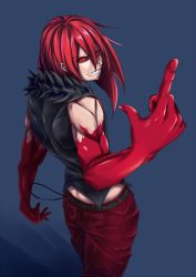Rule 34 | 1boy, blood, carmine (under night in-birth), colored sclera, evil grin, evil smile, fur collar, grin, long hair, male focus, muscular, red eyes, red hair, red sclera, sleeveless, smile, solo, togari1210, under night in-birth
