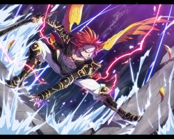 Rule 34 | 1boy, angry, boots, fighting stance, full body, kyousaku, letterboxed, male focus, mygrimoire, original, pants, red hair, solo, squatting, sword, topless male, waka-sama (mygrimoire), weapon, wings, yellow eyes