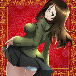 Rule 34 | 1girl, ass, black hair, black skirt, blue eyes, closed mouth, clothes lift, commentary, cowboy shot, dutch angle, from behind, girls und panzer, green jacket, insignia, jacket, lifting own clothes, long hair, long sleeves, looking at viewer, looking back, miniskirt, nakahira guy, nonna (girls und panzer), outside border, panties, pleated skirt, pravda school uniform, red background, red shirt, school uniform, shirt, skirt, skirt lift, smile, solo, standing, swept bangs, underwear, white panties