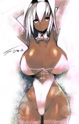 Rule 34 | 1girl, animal ears, arms up, bow, bowtie, breasts, bridal garter, cleavage, curvy, dark-skinned female, dark skin, detached collar, elbow gloves, gloves, highleg, highleg leotard, highres, huge breasts, lace, lace-trimmed legwear, lace trim, large breasts, leotard, looking at viewer, orange eyes, original, pink thighhighs, rabbit ears, silver hair, solo, souma (ordures), strapless, tan, thighhighs, white gloves, wide hips
