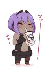 Rule 34 | 1girl, :3, = =, bare shoulders, black bodysuit, black sleeves, blush, bodysuit, chibi, closed eyes, closed mouth, cup, dark-skinned female, dark skin, detached sleeves, disposable cup, drinking, drinking straw, fate/prototype, fate/prototype: fragments of blue and silver, fate (series), full body, hair between eyes, hassan of serenity (fate), holding, holding cup, i.u.y, long sleeves, purple hair, shadow, sleeves past wrists, solo, standing, stirrup legwear, toeless legwear, translated, v-shaped eyebrows, white background