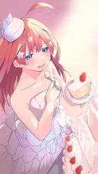 Rule 34 | 1girl, absurdres, ahoge, bare arms, bare shoulders, blue eyes, cake, cake slice, collarbone, dress, eating, food, from above, fruit, go-toubun no hanayome, hair ornament, highres, nakano itsuki, open mouth, red hair, solo, standing, star (symbol), star hair ornament, strapless, strapless dress, strawberry, strawberry cake, valentine (02140314c), wedding dress, white headwear