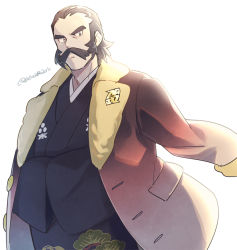 Rule 34 | 1boy, black kimono, brown coat, closed mouth, coat, coat on shoulders, commentary request, creatures (company), facial hair, game freak, grey hair, japanese clothes, kamado (pokemon), kimono, logo, looking at viewer, looking down, male focus, momoji (lobolobo2010), mustache, nintendo, pokemon, pokemon legends: arceus, short hair, simple background, solo, twitter username, white background