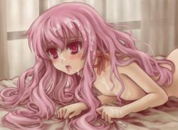 Rule 34 | 1girl, bed, breasts, cum, cum in mouth, cum on body, cum on breasts, cum on hair, cum on upper body, facial, female focus, implied sex, long hair, louise francoise le blanc de la valliere, nipples, nude, pink hair, porocha, small breasts, solo, zero no tsukaima