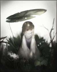 Rule 34 | 1girl, adapted costume, bare tree, blonde hair, border, detached sleeves, dress, expressionless, female focus, flower, gradient background, grass, gyup91, hair tie, lily of the valley, lily pad, looking at viewer, moriya suwako, muted color, nature, plant, purple dress, rain, short hair, sitting, sleeveless, sleeveless dress, solo, touhou, tree, turtleneck, wide sleeves, yellow eyes