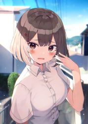 Rule 34 | 1girl, blue sky, blush, breasts, brown eyes, brown hair, cloud, commentary request, day, hair ornament, hairclip, highres, looking at viewer, medium breasts, nam (nam990902), original, outdoors, shirt, short hair, short sleeves, sky, solo, white shirt