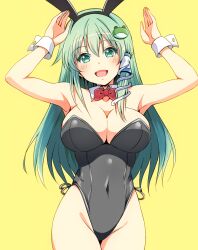 Rule 34 | 1girl, animal ears, bare shoulders, black leotard, blush, bow, bowtie, breasts, cleavage, covered navel, cowboy shot, detached collar, fake animal ears, frog hair ornament, green eyes, green hair, hair ornament, hair tubes, highleg, highleg leotard, highres, kochiya sanae, kyanta5354, large breasts, leotard, long hair, open mouth, playboy bunny, rabbit ears, smile, snake hair ornament, solo, strapless, strapless leotard, touhou, traditional bowtie, wrist cuffs, yellow background