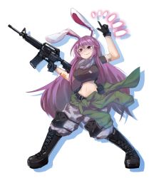 Rule 34 | 1girl, alternate costume, ar-15, assault rifle, bad id, bad pixiv id, belt, black footwear, boots, breasts, crop top, danmaku, glasses, gloves, grey neckwear, gun, large breasts, m4 carbine, mandarok1149, navel, pointing, pointing up, purple hair, red eyes, reisen udongein inaba, rifle, simple background, smile, soldier, solo, tagme, touhou, touhou lostword, weapon, white background