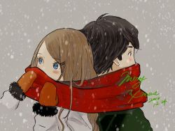 Rule 34 | 1boy, 1girl, back-to-back, black hair, blue eyes, blush, brown hair, coat, commentary request, dated, english text, fur trim, gloves, green coat, grey background, hair ornament, hairclip, highres, long hair, long sleeves, merry christmas, orange gloves, original, sako (35s 00), scarf, shared clothes, shared scarf, snow, white coat