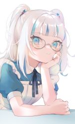 Rule 34 | 1girl, absurdres, apron, blue eyes, blue hair, blue nails, blue shirt, blunt bangs, closed mouth, gaogao (gaogaomegu), gawr gura, glasses, highres, hololive, hololive english, leaning forward, looking at viewer, multicolored hair, nail, nail polish, puffy short sleeves, puffy sleeves, shirt, short sleeves, smile, solo, streaked hair, two side up, upper body, virtual youtuber, white apron, white hair