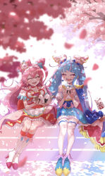 Rule 34 | 2girls, ?, absurdres, ankle boots, back bow, backlighting, blue cape, blue dress, blue footwear, blue hair, blurry, blurry foreground, boots, bow, brooch, cape, cherry blossoms, closed eyes, commentary, cone hair bun, cure precious, cure sky, cut bangs, dappled sunlight, delicious party precure, depth of field, double bun, dress, dress bow, earclip, earrings, fingerless gloves, food, food on face, frilled dress, frilled hairband, frills, fringe trim, gloves, hair bow, hair bun, hairband, heart, heart brooch, high heel boots, high heels, highres, hirogaru sky! precure, holding, holding food, in-franchise crossover, jewelry, kome-kome (precure), large bow, long hair, magical girl, medium dress, multicolored hair, multiple girls, nagomi yui, onigiri, open mouth, petals, pink bow, pink dress, pink hair, precure, red bow, red cape, side-by-side, single earring, single sidelock, sitting, sleeveless, sleeveless dress, smile, sora harewataru, stairs, sunlight, tearing up, thighhighs, tree, tsukuda hayato, twintails, two-sided cape, two-sided fabric, two-tone dress, two-tone hair, two side up, very long hair, white dress, white footwear, white gloves, white thighhighs, wing brooch, wing hair ornament