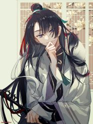 Rule 34 | 1boy, animal, animal on shoulder, black hair, chinese clothes, closed mouth, fate/grand order, fate (series), flower, high collar, holding, holding weapon, instocklee, long hair, looking at viewer, male focus, smile, solo, tai gong wang (fate), tapir, weapon, whip