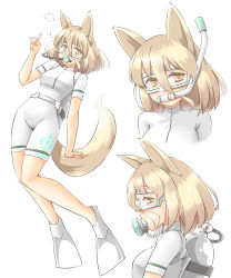 Rule 34 | 1girl, animal ears, arnest, blonde hair, bodysuit, commentary request, diving mask, diving regulator, diving suit, flippers, fox ears, fox girl, fox shadow puppet, goggles, hair between eyes, highres, kudamaki tsukasa, multiple views, scuba tank, snorkel, snorkel in mouth, touhou, wetsuit, white background, yellow eyes
