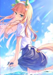 Rule 34 | 1girl, animal ears, blue eyes, blue skirt, blue sky, blunt bangs, cloud, ear covers, hair ornament, hairband, highres, hime cut, horse ears, horse girl, horse tail, light particles, looking at viewer, looking back, orange hair, outdoors, parted lips, partially submerged, shirt, short sleeves, silence suzuka (umamusume), skirt, sky, solo, standing, star (symbol), star hair ornament, tail, tks-nb (294-nb), umamusume, white shirt