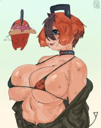 Rule 34 | 1girl, 1other, :3, bikini, bra, bread, bread slice, breasts, chainsaw, chainsaw man, choker, fangs, food, food in mouth, green jacket, hair between eyes, highres, jacket, jacket partially removed, jam, khentart, large breasts, looking to the side, midriff, mouth hold, multicolored hair, open mouth, orange hair, pochita (chainsaw man), short hair, simple background, spaghetti strap, swimsuit, tail, tail wagging, toast, toast in mouth, two-tone hair, underwear, white background