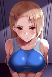 Rule 34 | 1girl, bare shoulders, blonde hair, blush, breasts, closed mouth, collarbone, competition swimsuit, hair ornament, hairclip, huyumitsu, large breasts, looking at viewer, one-piece swimsuit, original, solo, swimsuit, yellow eyes