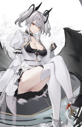 Rule 34 | 1girl, absurdres, ass, azur lane, black choker, black gloves, black wings, breasts, choker, cleavage, crossed legs, dress, expressionless, fingerless gloves, flantia, gloves, grey hair, head tilt, high heels, highres, joffre (azur lane), juliet sleeves, long sleeves, looking at viewer, medium breasts, medium hair, parted lips, puffy sleeves, red eyes, sitting, skirt, solo, thighhighs, thighs, twintails, white dress, white skirt, white thighhighs, wide sleeves, wings