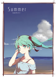Rule 34 | 1girl, 2016, ahoge, aqua eyes, aqua hair, bare arms, bare shoulders, beach, black ribbon, blue sky, border, breasts, closed mouth, cloud, dated, day, english text, floating hair, hair ribbon, tucking hair, hatsune miku, highres, long hair, looking at viewer, medium breasts, off shoulder, outdoors, ribbon, short sleeves, sky, smile, solo, summer, twintails, upper body, very long hair, vocaloid, zhayin-san