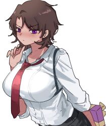 Rule 34 | 1girl, blush, breasts, brown hair, chest harness, closed mouth, collared shirt, gift, hand up, harness, heathcliff (project moon), highres, holding, holding gift, large breasts, limbus company, long sleeves, looking at viewer, medium hair, necktie, necktie overhang, ngancurindunia, parted bangs, project moon, purple eyes, scar, scar on face, shirt, solo, upper body, white shirt