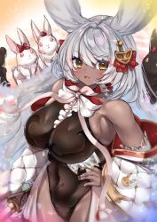 Rule 34 | 1girl, :3, animal, arm at side, bare shoulders, black leotard, black nails, blush, bow, bowtie, breasts, center frills, closed mouth, coat, covered navel, dark-skinned female, dark skin, detached sleeves, eyeliner, female focus, frills, gold trim, granblue fantasy, grey hair, hair ornament, hand on own hip, happy, heart, highres, holding, holding sword, holding weapon, huge breasts, leotard, long hair, looking at viewer, makeup, makura (granblue fantasy), nail polish, off shoulder, onomiya, open clothes, open coat, open mouth, orange eyes, petals, pink ribbon, rabbit, rabbit ears, rabbit girl, red bow, red eyeliner, red eyes, ribbon, sidelocks, skindentation, smile, solo, sparkle, swept bangs, sword, textless version, v-shaped eyebrows, very long hair, weapon, white bow, white bowtie, white coat, white sleeves, yellow eyes