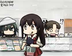 Rule 34 | !?, 10s, 3girls, akagi (kancolle), ayanami (kancolle), brown eyes, brown hair, dated, eyepatch, flat cap, green eyes, green hair, hamu koutarou, hand to own mouth, hat, kantai collection, kiso (kancolle), multiple girls, muneate, o o, remodel (kantai collection), side ponytail, tongue, tongue out, translation request, wavy mouth