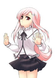 Rule 34 | 00s, 1girl, hair ornament, hands up, long hair, long sleeves, lucy maria misora, pink eyes, pink hair, pleated skirt, school uniform, serafuku, simple background, skirt, solo, to heart (series), to heart 2, tololi, white background