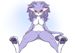 Rule 34 | 1girl, absurdres, alternate form, animal ears, blush, breasts, cat ears, cat girl, cat tail, claws, colored sclera, earrings, fangs, furry, highres, isabella (seiken densetsu 3), jewelry, no nipples, no pussy, pancak3draws, purple fur, purple hair, red sclera, seiken densetsu, seiken densetsu 3, slit pupils, tail