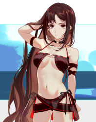 Rule 34 | 1girl, adapted costume, adjusting hair, alternate costume, arm up, bare shoulders, bikini, black bikini, black ribbon, blush, breasts, brown eyes, brown hair, choker, cleavage, closed mouth, collarbone, commentary request, csyday, ear piercing, fate/grand order, fate (series), jewelry, long hair, looking at viewer, medium breasts, navel, piercing, ribbon, solo, swimsuit, very long hair, yu mei-ren (fate)