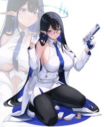 Rule 34 | 1girl, ammunition, black hair, black pantyhose, blue archive, blue eyes, blue hair, blue halo, blue necktie, blush, breasts, closed mouth, coat, collared dress, colored inner hair, desert eagle, dress, earrings, giga-tera, gloves, gun, halo, handgun, high heels, highres, holding, holding gun, holding weapon, holster, jewelry, large breasts, long hair, long sleeves, magazine (weapon), multicolored hair, multiple views, necktie, open clothes, open coat, open mouth, pantyhose, pointy ears, rin (blue archive), sideboob, simple background, weapon, white background, white coat, white dress, white footwear, white gloves, zoom layer