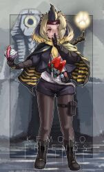 Rule 34 | 1girl, absurdres, animal ears, big hair, black footwear, black hair, black pantyhose, blonde hair, boots, bottle, can, cellien (kemono friends), cloak, commentary request, copyright name, cosplay, death stranding, energy drink, facial mark, finger to mouth, full body, fur scarf, gloves, hair over one eye, hand up, headband, highres, holding, holding mask, index finger raised, jacket, kemono friends, kemono friends 3, legs apart, light, light smile, looking at viewer, mandrill (kemono friends), mask, monkey ears, monster, mouth mask, multicolored hair, odradek, open mouth, pantyhose, pantyhose under shorts, parody, plastic bottle, pouch, scarf, short shorts, shorts, shushing, solo focus, standing, thigh pouch, thigh strap, title parody, toriny, tube, yellow eyes