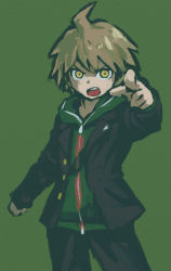 Rule 34 | 1boy, ahoge, black jacket, black pants, brown hair, cowboy shot, danganronpa: trigger happy havoc, danganronpa (series), green background, green hoodie, green theme, hood, hood down, hoodie, jacket, long sleeves, looking at viewer, male focus, naegi makoto, namu (nurui cha), open mouth, pants, pointing, short hair, simple background, solo, standing