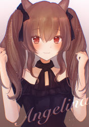 Rule 34 | 1girl, absurdres, alternate costume, ambience synesthesia, angelina (arknights), animal ears, arknights, black bow, black dress, black neckwear, blush, bow, brown hair, character name, dress, fox ears, hair bow, hands up, highres, long hair, looking at viewer, mayuchi427, off-shoulder dress, off shoulder, red eyes, smile, solo, twintails, upper body