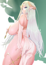 Rule 34 | 1girl, absurdres, ass, blonde hair, blue eyes, breast curtains, breasts, cerestia of life, circlet, elbow gloves, elf, from behind, gloves, highres, huge breasts, last origin, long hair, long pointy ears, looking at viewer, looking back, pointy ears, skindentation, smile, solo, standing, very long hair, white gloves, yinsan usaki
